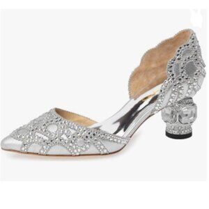 XYD Silver Pointed Toe D'Orsay Kitten Heel Rhinestone Studs Slip-On Shoes